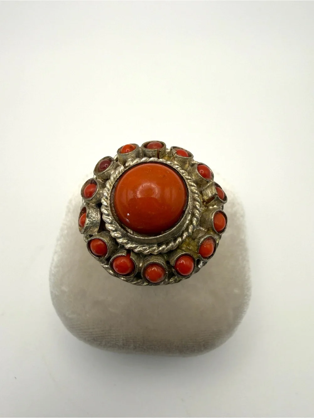 Antique Adjustable Silver Coral Cluster Statement Ring